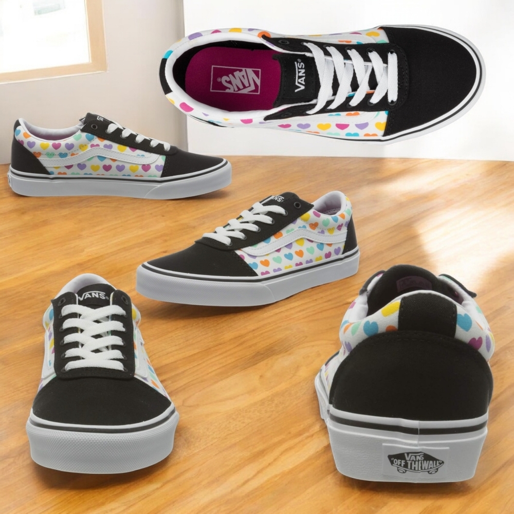 🙉H.P🙉VANS Girls Old Skool Multi Heart Print Ward Low Top Canvas/Suede Sneakers